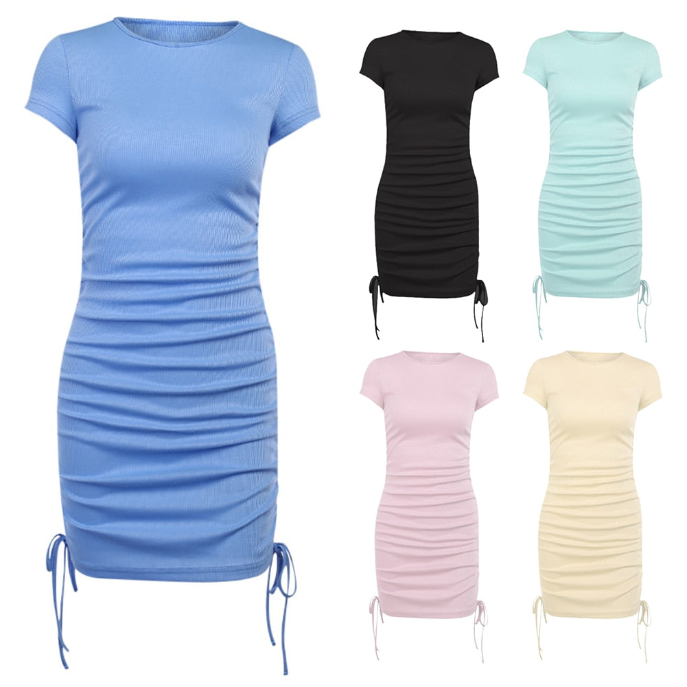 Hot Sale Women Summer Sexy Solid Color Drawstring Short Sleeve Bodycon Ruched Party Dress