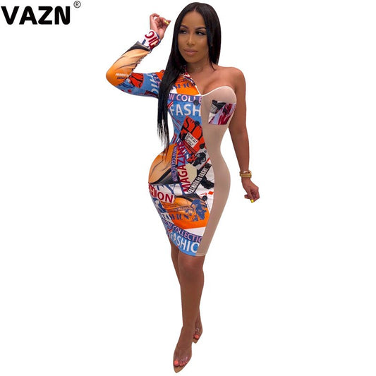 VAZN 2020 New Arrival Parity Retro Sexy Club Open Young Novelty Off Shoulder Full Sleeve Women High Waist Thin Midi Dress