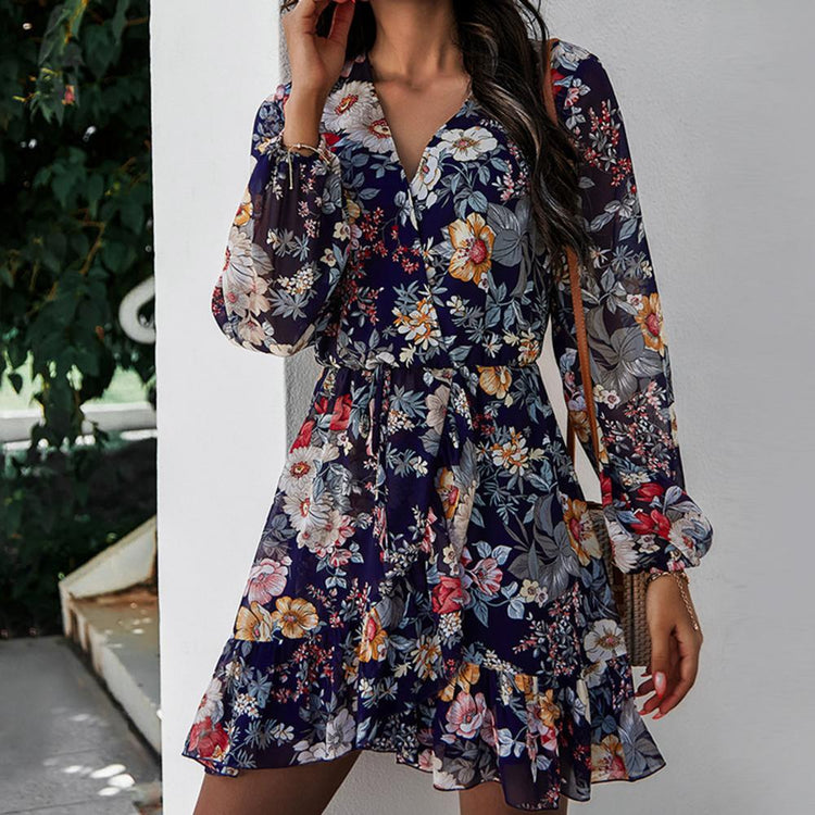 Summer Fashion Women's  Dress Long Puff Sleeve Floral Print Spring Waist Tight Mini Dress for Party Female Clothing