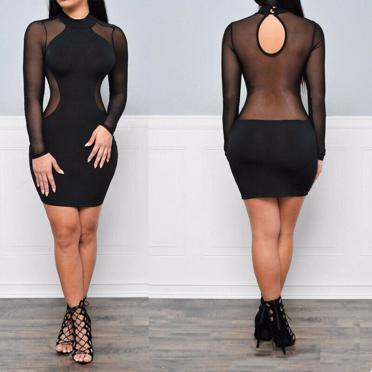 Sexy Women Dresses See Through Mesh Bandage Bodycon Long Sleeve Women Clothes Evening Sexy Party Clubwear Sexy Mini Skinny Dress