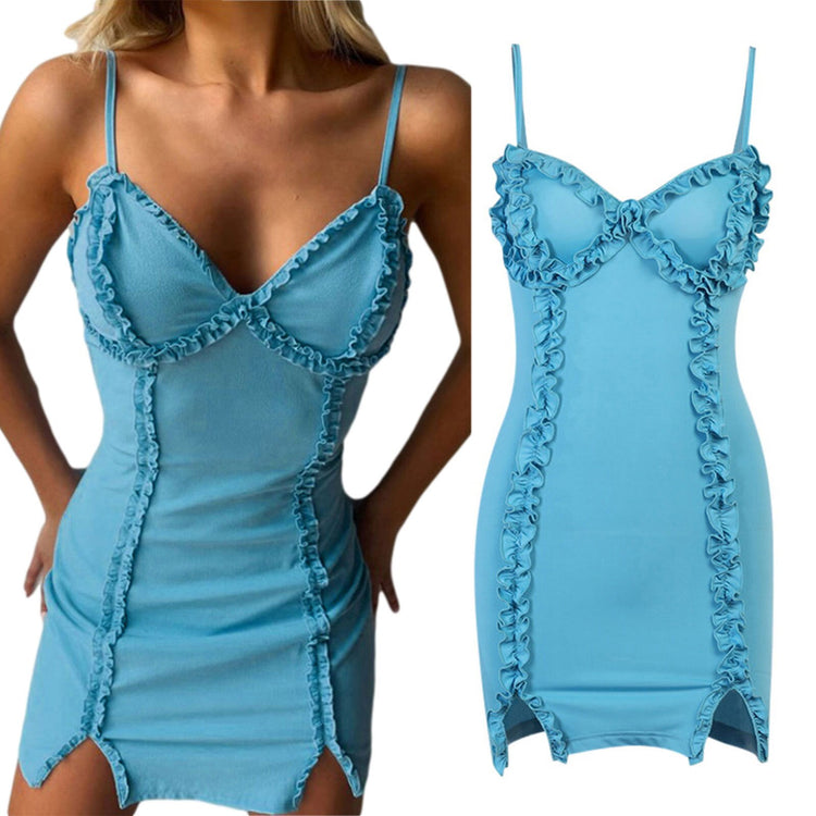 Summer Women Slim Fit Slip Dress, Adults Ruffled Solid Color Spaghetti Strap V-neck Side Slit