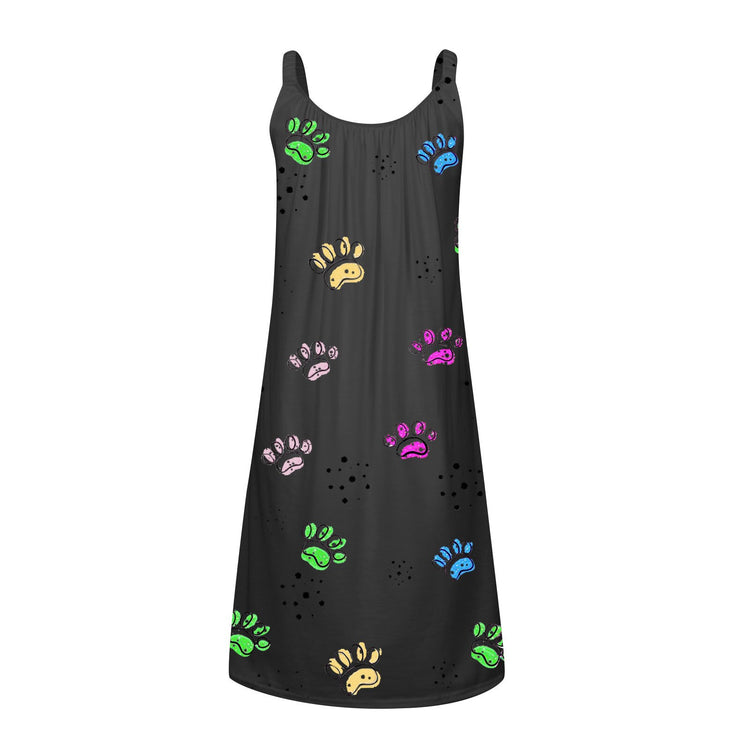 Summer Sleeveless Midi Dress Women Dog Foot Print Casual Loose Tank Dress 2021 Boho Style A-line Beach Dresses Vestidos L2