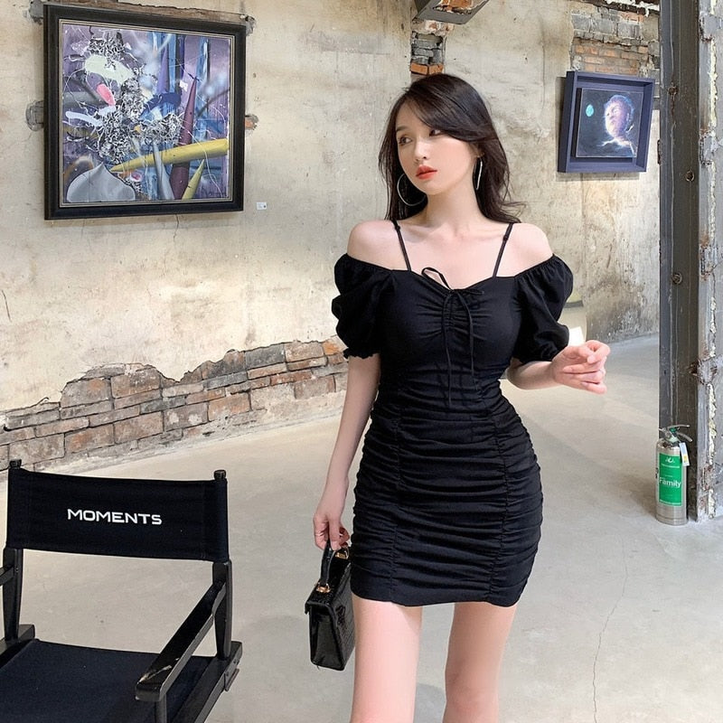 Dresses Women Sexy Female Slim Party Holiday Fashion All-match Puff Sleeve Casual Students Korean Style Shirring Cozy Retro New