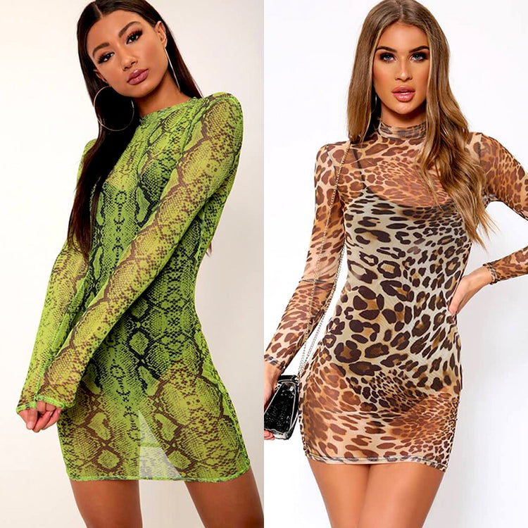 Sexy Women's Casual Snake Leopard Print Bodycon Transparent Sheer Mesh Dress Party Club Ladies See Through Mini Dresses Sundress