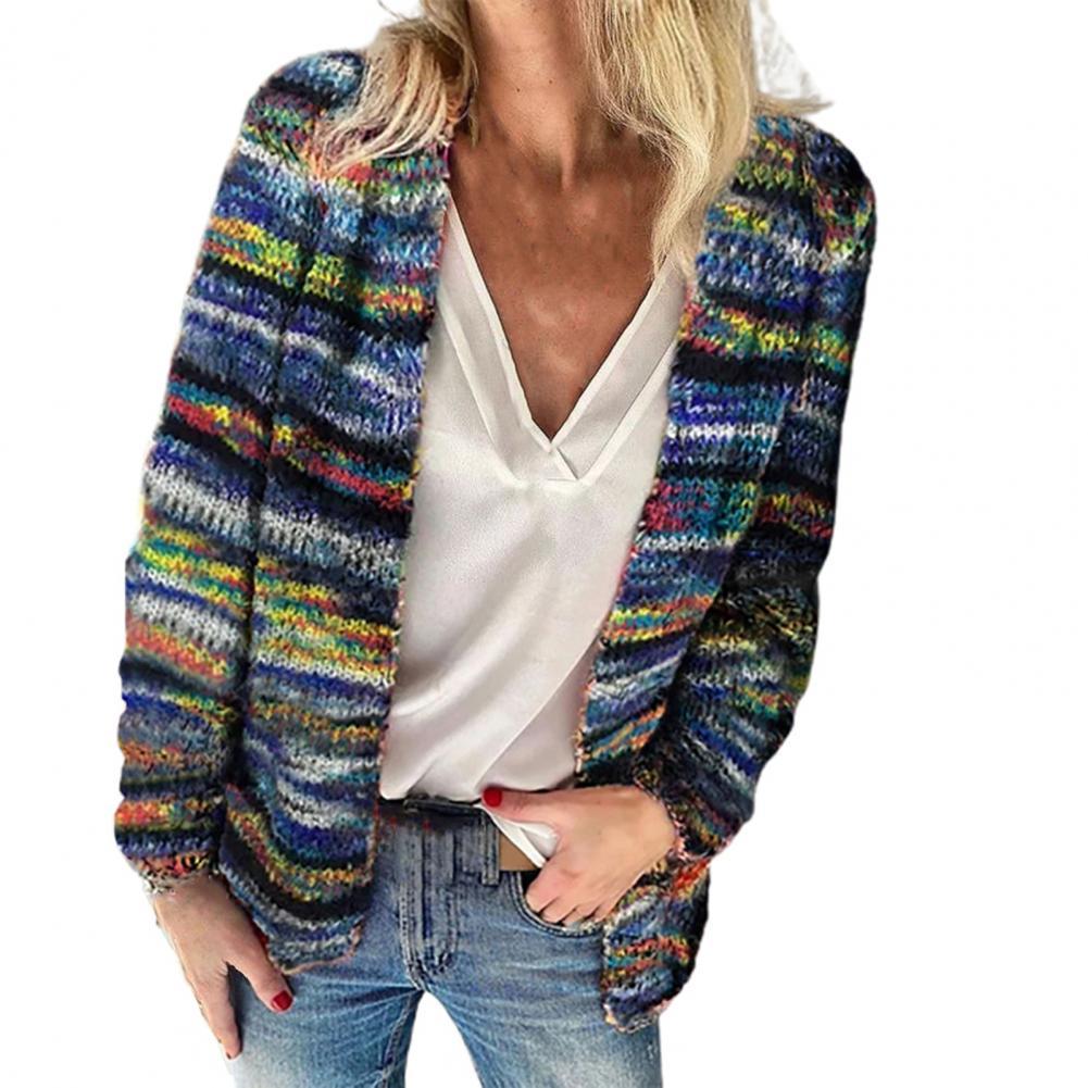 Women Sweater Rainbow Stripes Temperament Autumn Winter Long Sleeve Knitted Cardigan Coat for Office