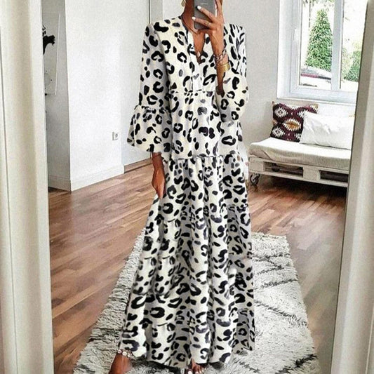 #H40 Hepburn Style Women Long Maxi Dress V Neck Leopard Print Flare Sleeve Summer Dress Ladies Vintage Beach Party Dress Vestido