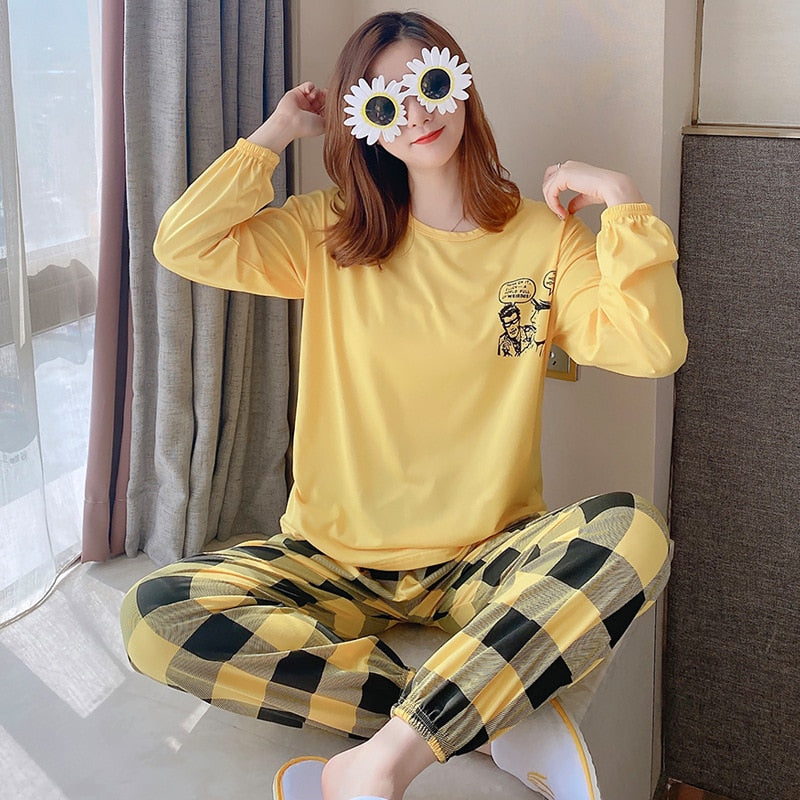 2020 Spring Autumn Cartoon Sleepwear Ladies Thin Cute Pijama New Plaid Long-Sleeved Trousers Milk Silk Homewear Women Pajamas