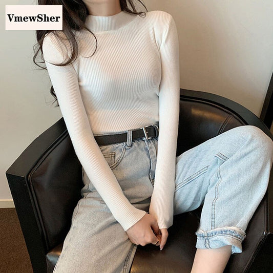 VmewSher New Spring Autumn Women Sweater Elastic Knitted Pullover Fashion Slim Jumper Top Long Sleeve Lady Elegant Knitwear 2021