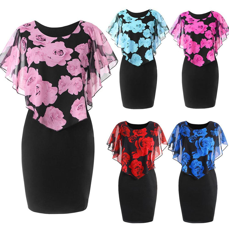 New Fashion Women Dress Plus Size O-Neck Elegant Rose Flower Print Cape Bodycon Knee Length Office Lady Party Midi Pencil Dress