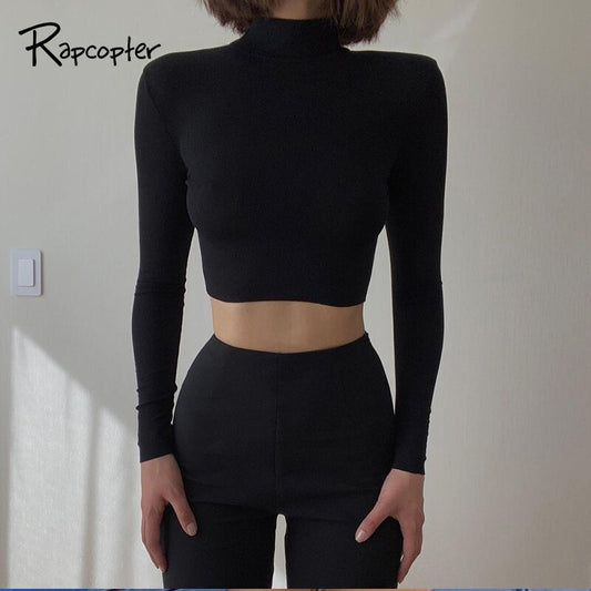 Rapcopter Casual Basic T Shirt Stand Collar Knitwear Long Sleeve Knitted Pullovers Korean Style T Shirt Women Autumn Winter Tops