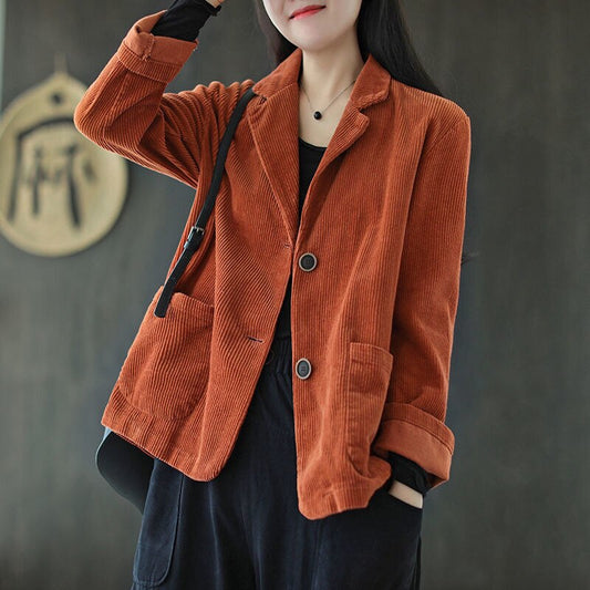 Women Solid Blazers Corduroy Vintage Single Breasted Notched Collar Simple Fashionable Elegant Tender All-match Ulzzang Cozy New