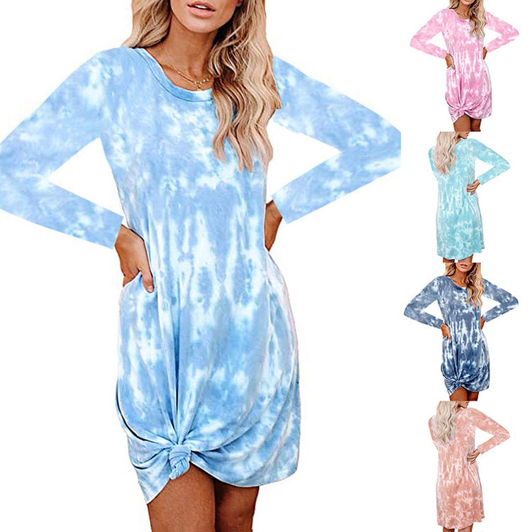 Women Tie-dye Printing Dress Sky Blue O Neck Long Sleeves A Line Knotted Short Dress Office Lady Casual Party Midi Dress 2021
