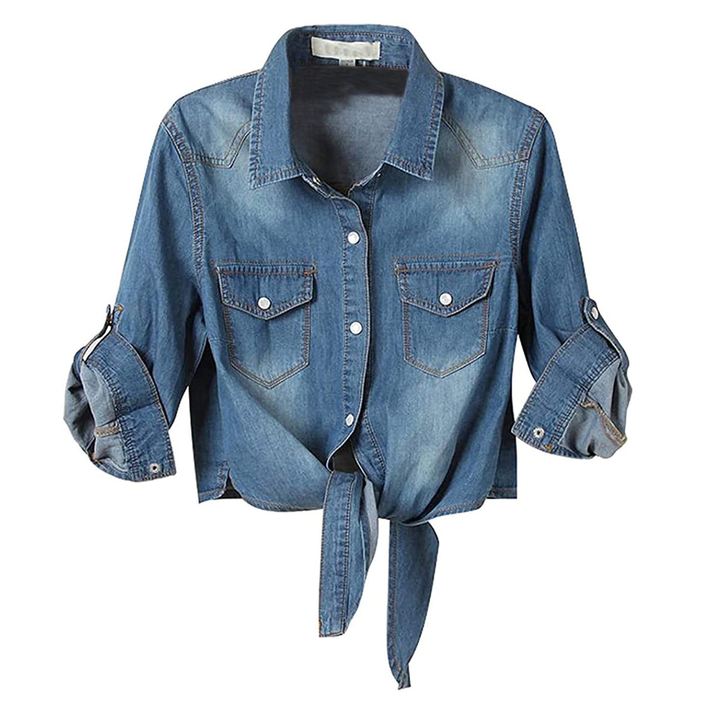 Blue Jean Denim Jacket Women Crop Jeans Jacket Coat Fall Spring 3/4 Sleeve Casual Pocket Knot Tie Denim Shirt Outwear Tops