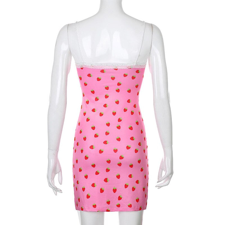 Lace Patchwork Sexy Women's Popular Sweet Strawberry Print Sleeveless Bodycon Mini Dress Party Summer 90s Dresses Clubwear
