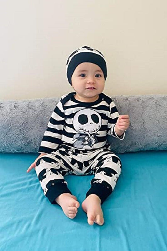 New Halloween Baby Boy’s Clothes Sets Stripe Skull Pattern Long Sleeve Jumpsuit Long Pants Hat Toddler Baby 3Pcs Outfits 0-24M