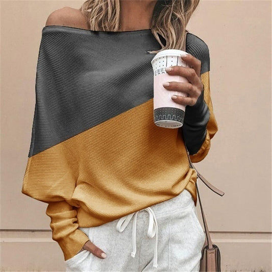 Size Plus Women Batwing Sleeve Sweater Autumn Off Shoulder Knitted Sweaters Pullover Tops Ladies Patchwork Loose Jumper Knitwear