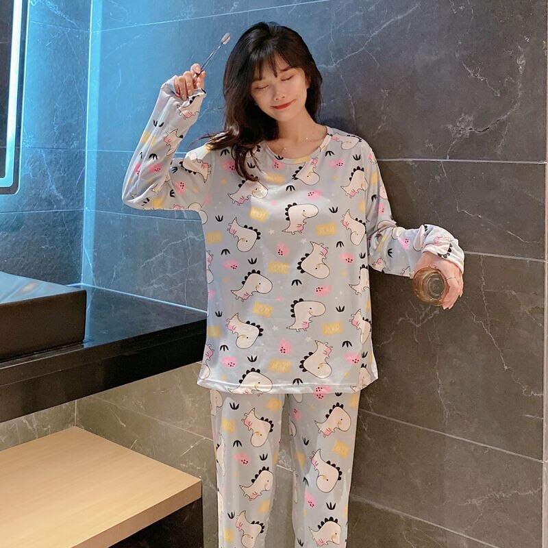 2020 Spring Autumn Cartoon Sleepwear Ladies Thin Cute Pijama New Plaid Long-Sleeved Trousers Milk Silk Homewear Women Pajamas