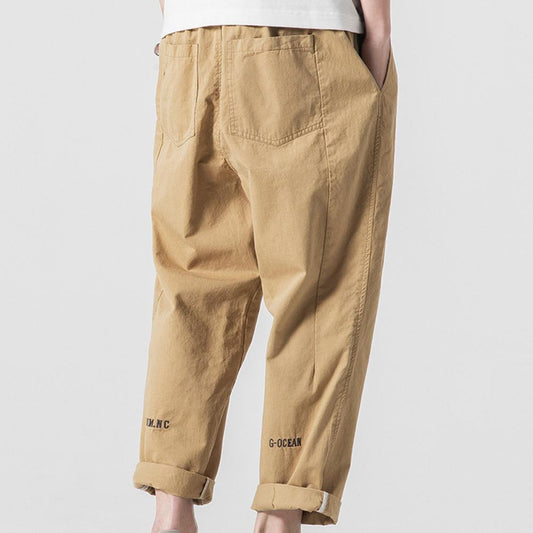 Men Pants Solid Color Stylish Multi Pockets Belt Lettter Print Cargo Long Pants Harem Comfortable Casual Streetwear