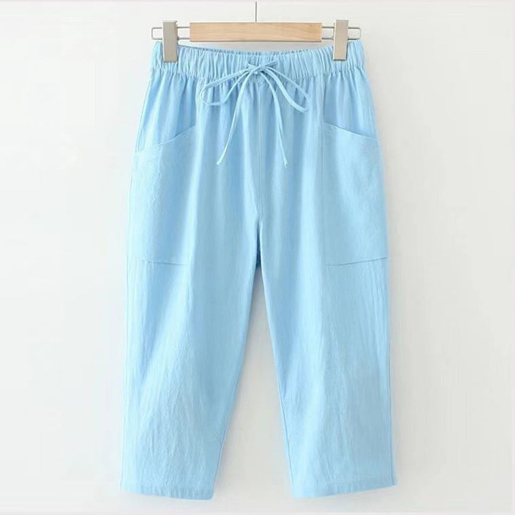 Solid Color Wide Leg Pants Elastic Waist Three Quarter Linen Trousers Women Summer Drawstring Pockets Loose Fit Casual Pants
