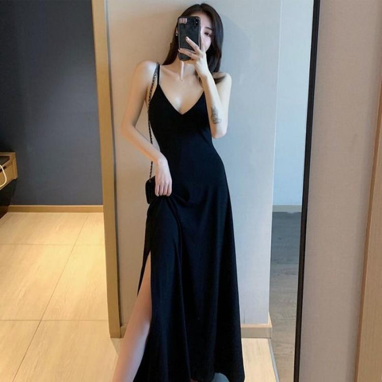 New Solid Black Dress with Suspender Sexy Gentle V-Neck Retro Long Dresses with Side Slit Beach Party 2021 Summer New Clothes