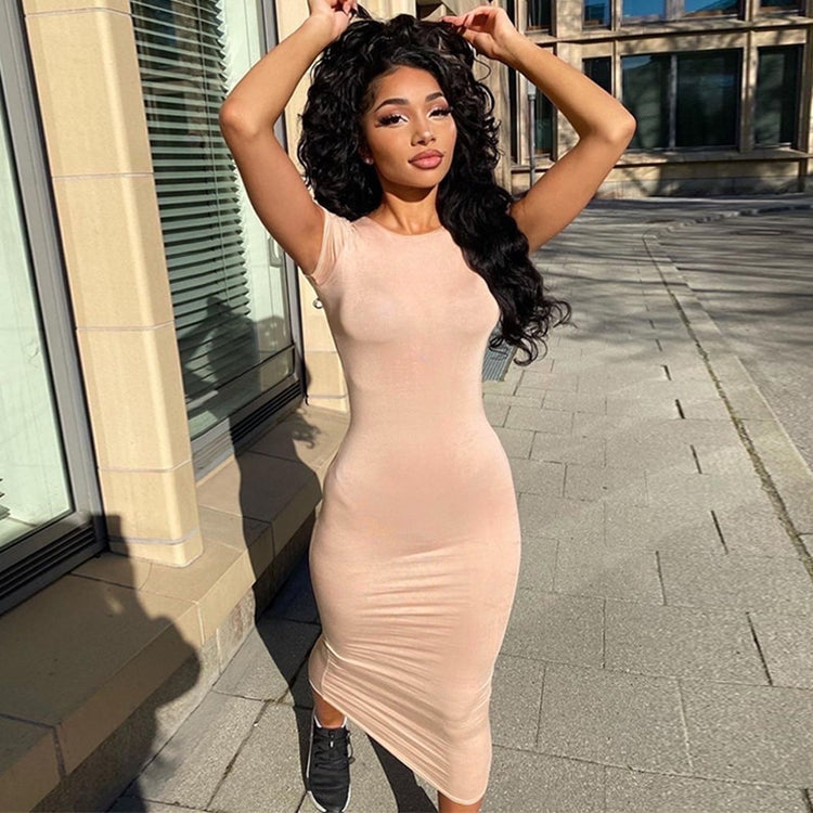 Solid Simple Short Sleeve Maxi Dresses Bodycon Streetwear Baddie Outfits Casual Skinny Summer 2021 Women's Long Dress