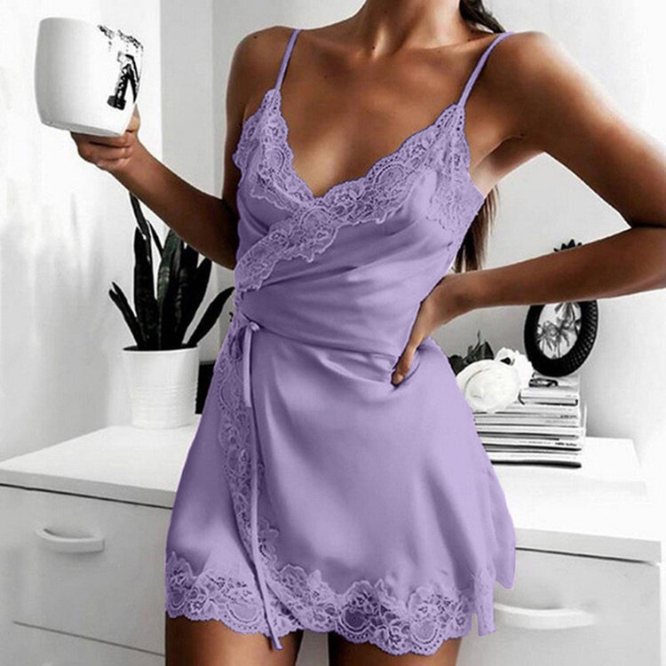 Women Sexy Lace Autumn Dresses Solid Color V-neck Lace Up Underwear Dresses Home Pajamas Soild Color Casual Nightdress