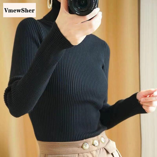 VmewSher New Autumn Spring Women Sweater Elastic Slim Knitwear Turtleneck Pullover Elegant Jumper Long Sleeve Basic Knit Top