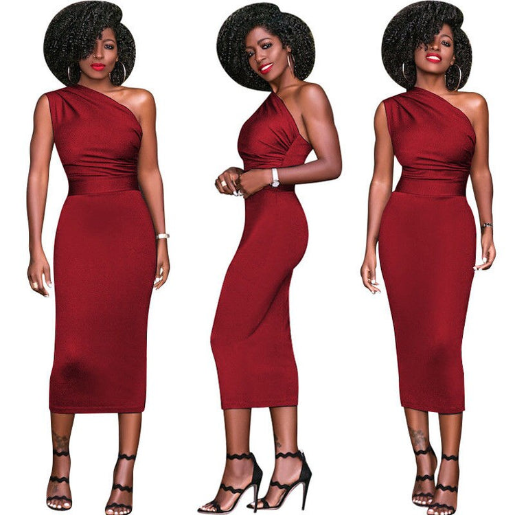 Sexy Women Summer Dress Sleeveless One Shoulders Bodycon Casual Party Evening Midi Dress Mid-Calf Formal Dress