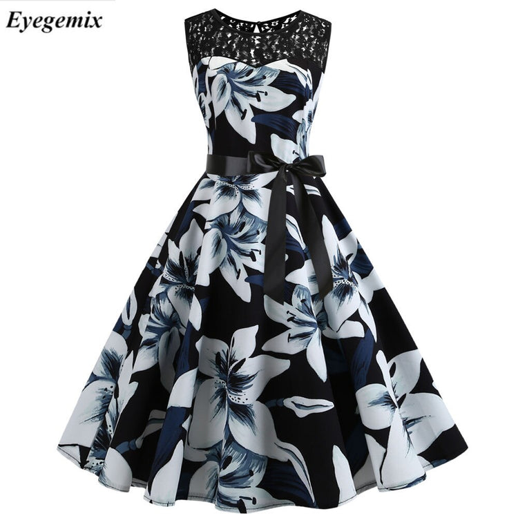 Plus Size Summer Women Midi Dress 2020 Gothic Floral Print Sleeveless Dress Ladies 50S Lace Dresses Vintage Party Dress Clothes