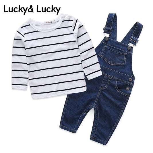 Mother & kids Striped baby boy clothes newborn long sleeve t-shirt + denim overalls newborn clothes casual baby clothing set
