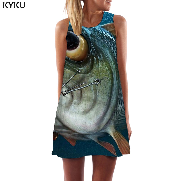 KYKU Brand Fish Dress Women Animal Office Squid Beach Tropical Boho Fishinger Ladies Dresses Womens Clothing Vintage