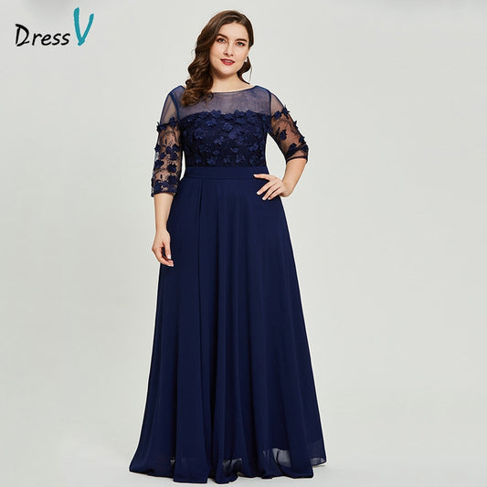 Dressv dark navy plus size long evening dress cheap a line 3/4 sleeves wedding party formal dress appliques evening dresses