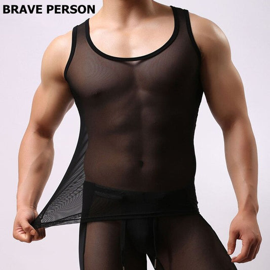 2018 Brave Person Men gay Transparent Undershirts men O-neck Slim Thin Underwear Men Vest Ice Silk Tight Undershirt Tank tops