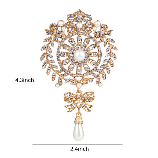baiduqiandu Large Crystal Rhinestones Bow and Pearl Drop Brooch Pins for Women in Gold / Silver Color Plated Clear