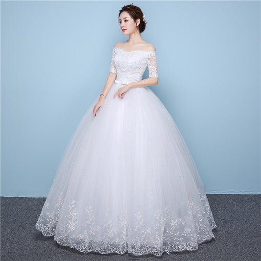 White Lace Boat Neck Half Sleeve Fashion Simple Wedding Dress Gowns High Quality Embroidery 3D Flowers Sashes Off the shoulder