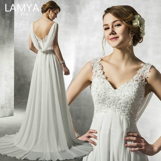 LAMYA White Chiffon Backless Wedding Dresses 2021 Customized Beach Bridal Gown Elegant Sinple Lace Appliques Vestido De Noiva