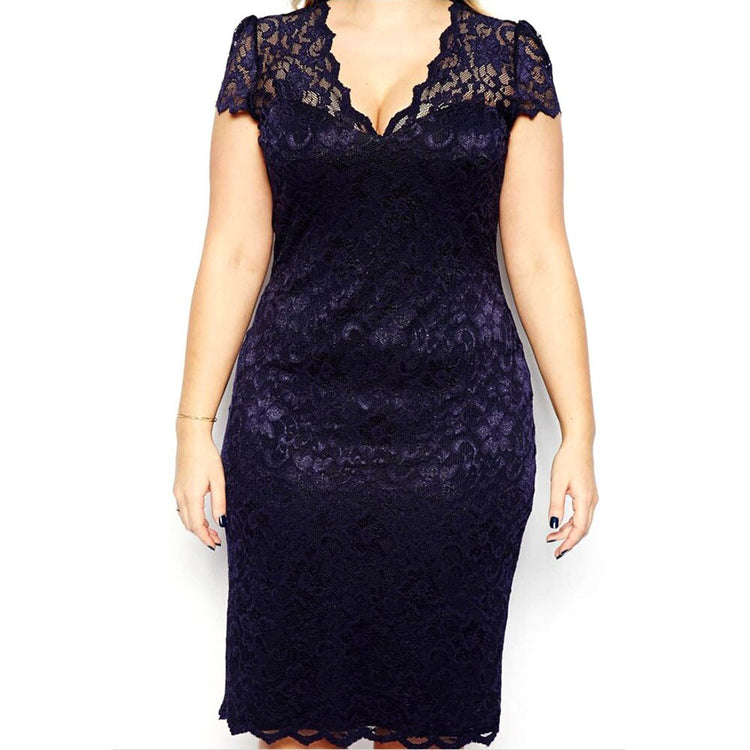 Plus Size Sexy Women's Lace Dress Short Sleeve Summer Stretch Cocktail Party Bodycon Pencil Vestidos