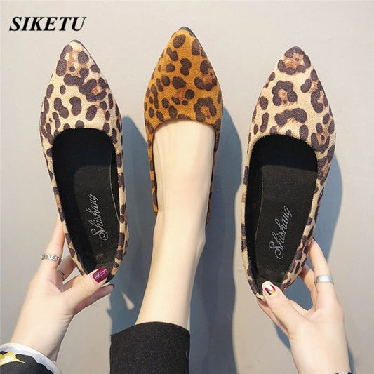 2019 New Style Women's Fashion Ladies Flock Loepard Shallow Single Flat Shoes Good Quality Simple Pointed Toe Casual Shoes L*5