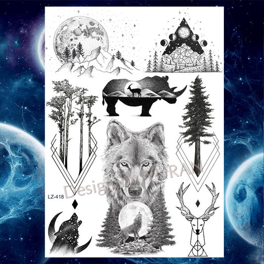 Tribal Forest Animals Black Galaxy Triangle Wolf Animals Temporary Tattoo Stickers Women Men Deer Tatoo Waterproof Arm Tattoos