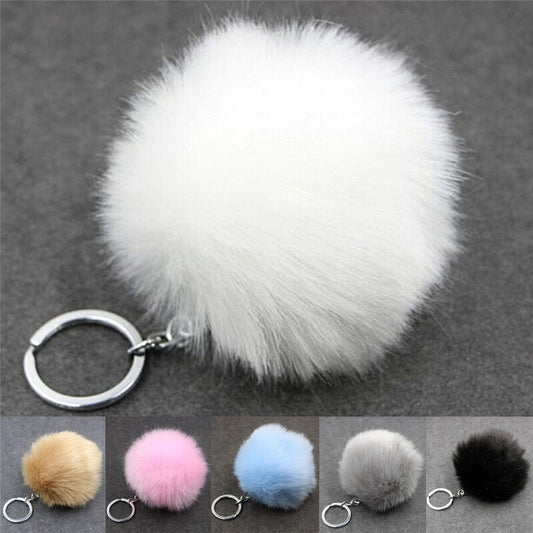 1Pcs Key Chain Silver Metal Buckle Faux Rabbit Fur Ball Pom Pom Fluffy Keychain For Bag Accessories