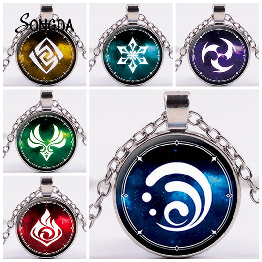 Anime God Genshin Impact Eye Pendant Necklace Disc Round Eye of God Necklace Chain Glass Dome For Women Jewelry Gift Accessories