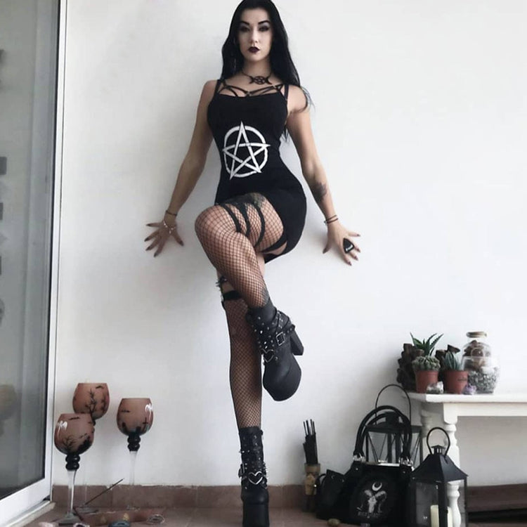 Women Sexy Mini Dress Star Print Punk Gothic Bodycon Sleeveless Dresses O Neck Black Vest Dress Club Wear #G2