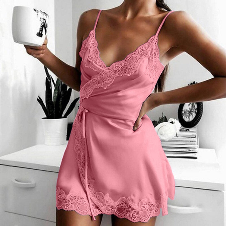 Women Sexy Lace Autumn Dresses Solid Color V-neck Lace Up Underwear Dresses Home Pajamas Soild Color Casual Nightdress