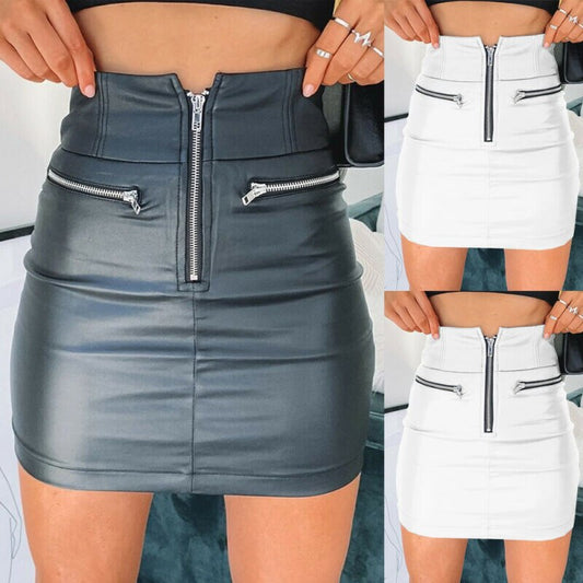 Women's Fashion  PU Leather Zipper Skirt High Waist Pencil Evening Party Club Wear Bodycon Short Mini Skirt