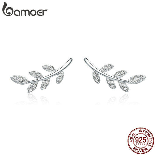 BAMOER Authentic 925 Sterling Silver Spring Leaf Leaves Clear CZ Zircon Stud Earrings for Women Fashion Earrings Jewelry BSE031