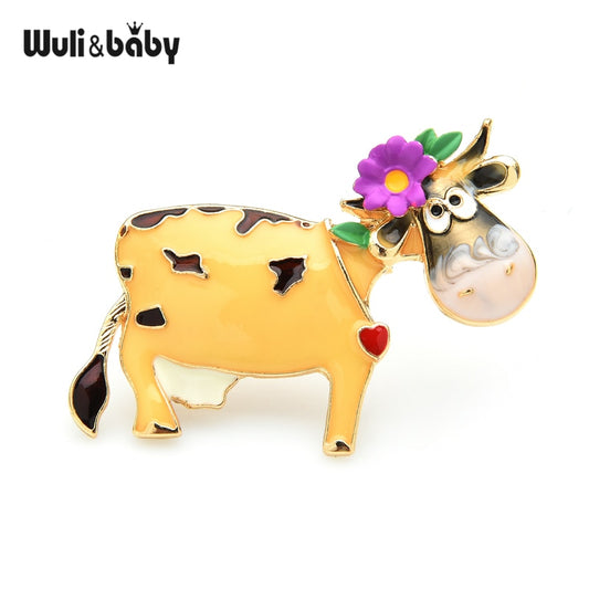 Wuli&baby Wear Flower Cattle Brooches For Women 3-color Enamel Cow Party Brooch Pins Gifts