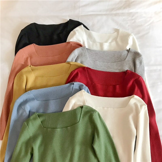 New  Casual Long Sleeve Autumn Knitted Sweater Women Pullover Square Collar Sweaters Korean Style Winter Slim Pull Knitwear
