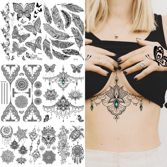 Underboob Henna Temporary Tattoos For Women Girls Feather Butterfly DreamCatcher Fake Gem Tattoo Sticker Chest Arm Tatoos Tribal