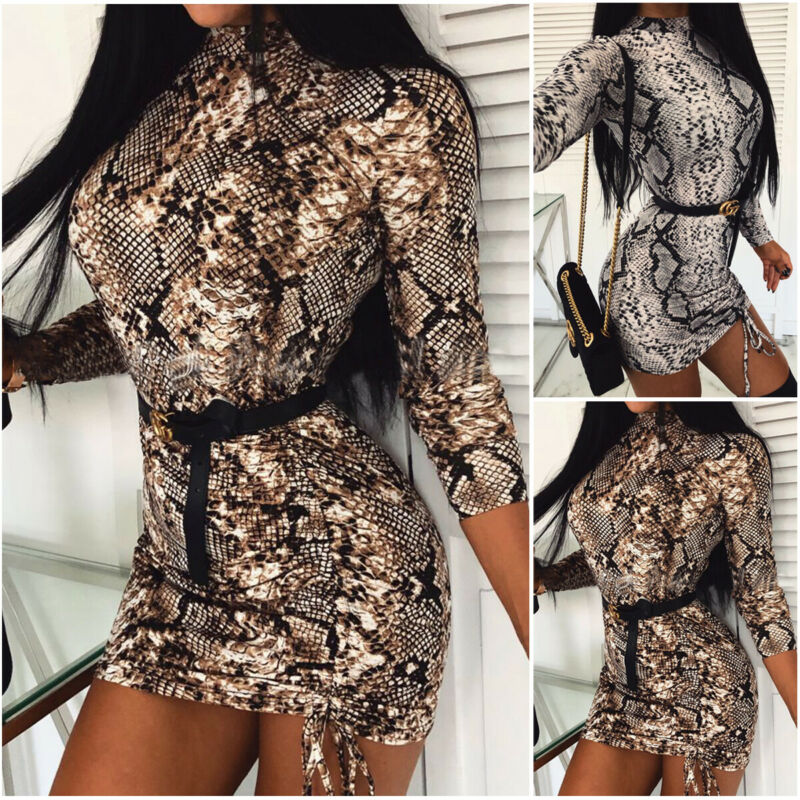 Women Autumn T-shirt Style Leopard Bodycon Dress Snake Print  Long Sleeve Half Sleeve Jumper Mini Dress