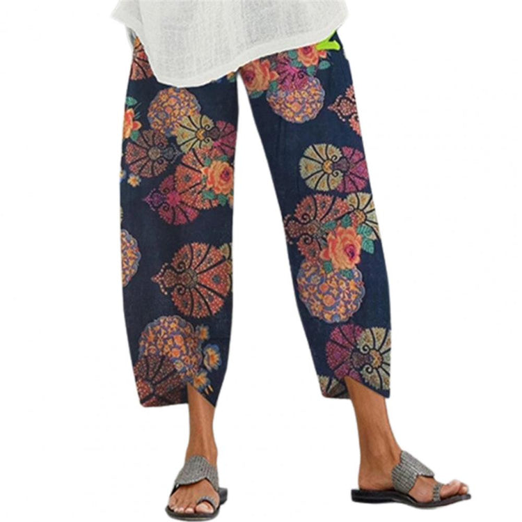 New Stylish Casual Pants Loose Irregular Hem Polyester Printed Elastic Waist Women Trousers for Daily Streetwear